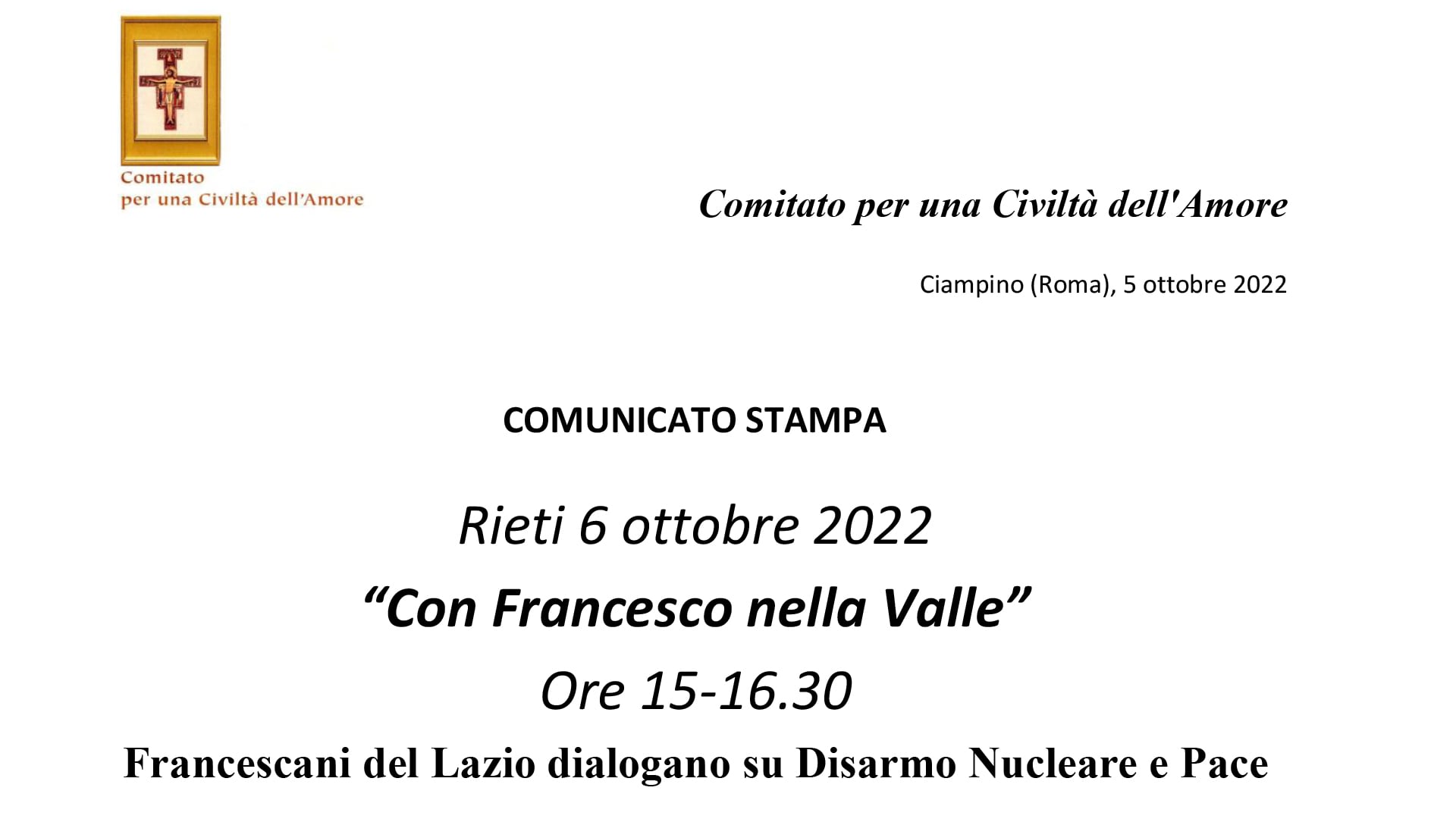 Comunicato stampa – Francescani del Lazio dialogano su Disarmo Nucleare e Pace